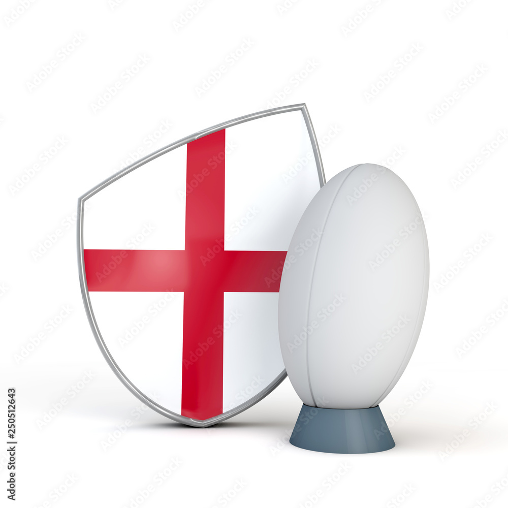 England rugby shield flag icon with rugby ball. 3D Render England rugby shield flag icon with rugby ball. 3D Render