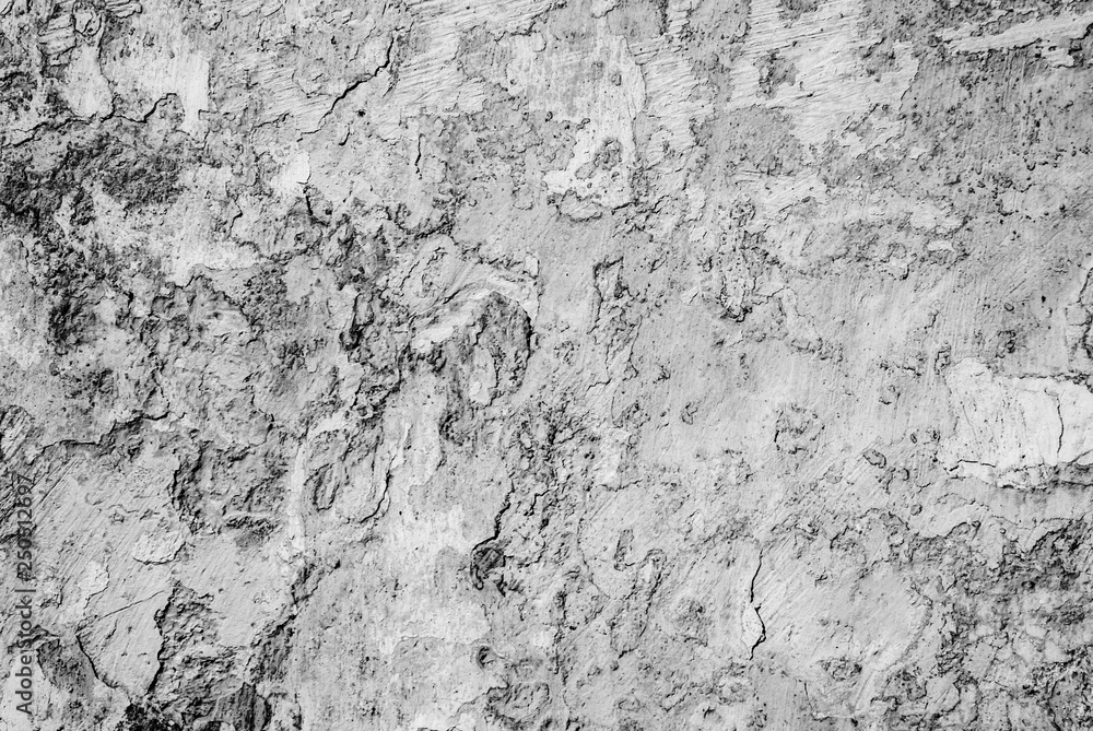 Black and white contrast photo of an old weathered wall with stucco in light defocusing for background