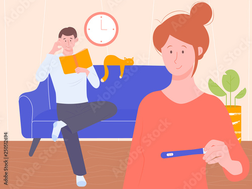 Young cute girl holding a positive pregnancy test. Her boyfriend or husband is sitting on the couch at the back. Good news  they will have a baby. Vector characters in the interior.