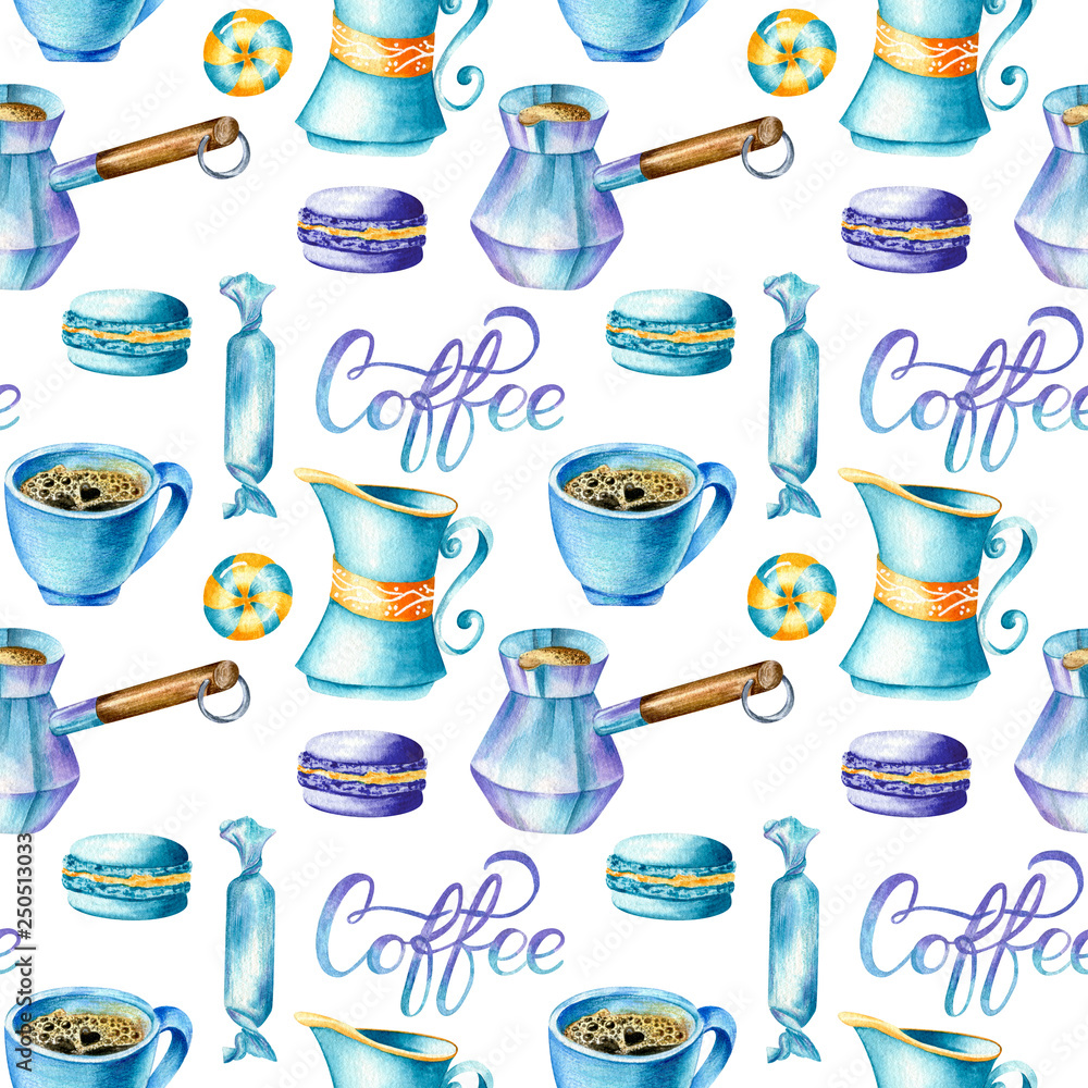 Watercolor Seamless Pattern In Retro Style With Coffee Cups Sweets Macarons Coffee Maker And Coffee Bean Vintage Coffee Ornament With Organic Texture In Gold Brown Violet And Blue Colors Stock Illustration Watercolor Seamless Pattern In Retro Style With Coffee Cups Sweets Macarons Coffee Maker And Coffee Bean Vintage Coffee Ornament With Organic Texture In Gold Brown Violet And Blue Colors Stock Illustration