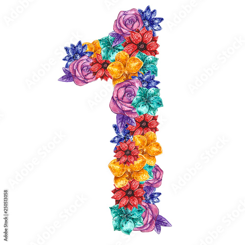 Number shaped flowers: orchid, daisy, rose and passionflower in yellow, purple, blue, turquoise and red colors. Hand drawn watercolor illustration.