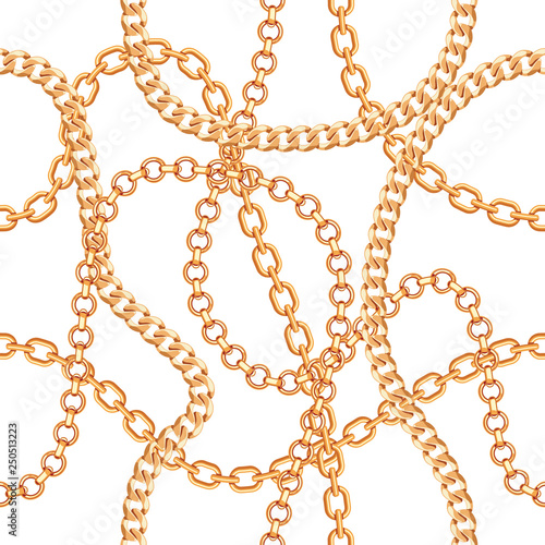 Seamless pattern background with chains golden metallic necklace. On white. Vector illustration