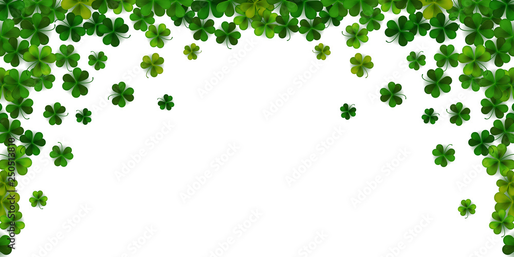 Happy Saint Patrick's day background with realistic shamrock leaves, decorative frame template, vector illustration Happy Saint Patrick's day background with realistic shamrock leaves, decorative frame template, vector illustration