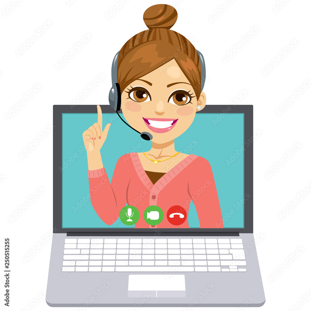 Illustration of call center woman operator wearing headset on laptop screen online support concept