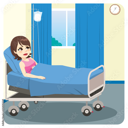 Sad ill female patient lying on bed worried sick waiting alone on hospital bedroom