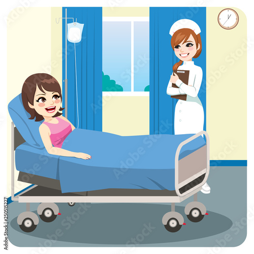 Nurse standing holding folder smiling at cheerful female patient laying on hospital bed