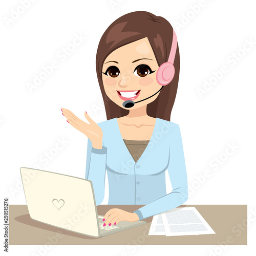 Illustration of call center woman operator wearing headset working on laptop help desk concept