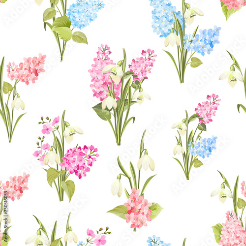 Seamless pattern of siringa and galantus flowers for fabric pattern. Vector illustration. photo