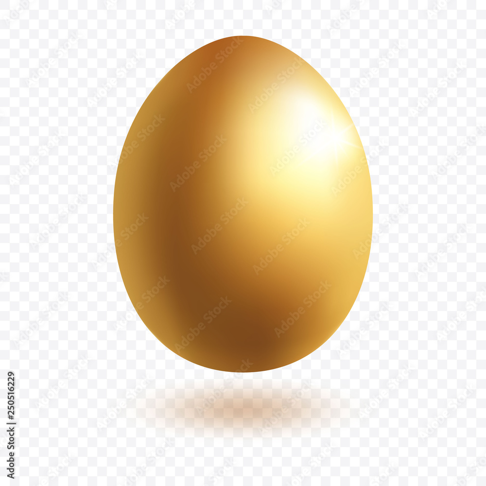 Gold egg with shadow. Wealth and religion symbol. Realistic precious Easter egg isolated on transparent background. greeting card template. Realistic style. 