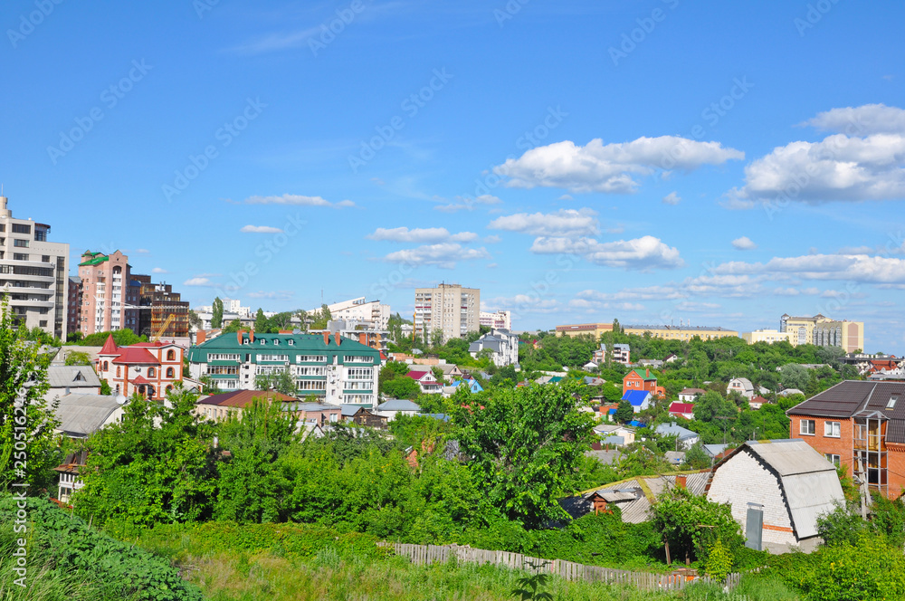 City view with private and high-rise buildings in summer