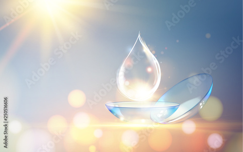 Best blue contact lenses for your eye color. Abstract illustration of blue optical lens on soft golden backdrop. Science equipment over pink abstract background. Vector illustration.