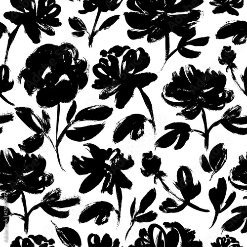 Spring flowers hand drawn seamless pattern. Roses, peonies, chrysanthemums blooming.