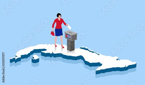 Cuban woman are voting in ballot box over a Cuba map