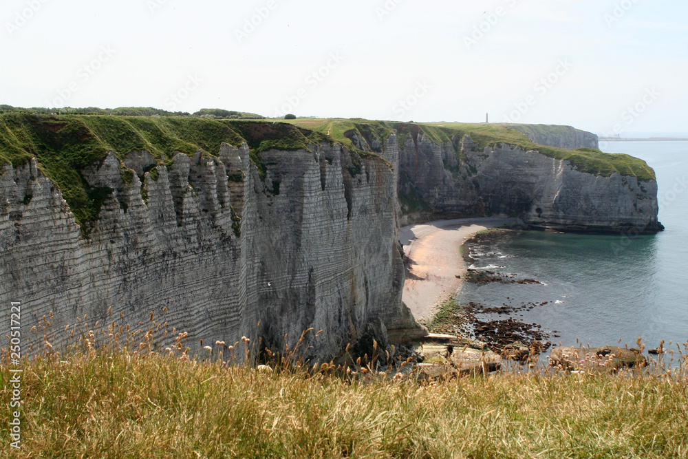 High,chalk cliffs of The France village of Etretat