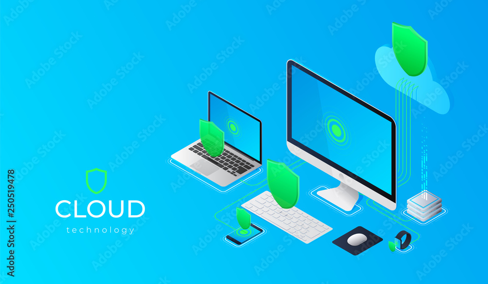 Cloud computing technology users network configuration isometric advertisement poster with pc monitor tablet phone laptop vector illustration Cloud computing technology users network configuration isometric advertisement poster with pc monitor tablet phone laptop vector illustration