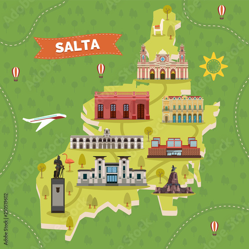 Saltal city map with sightseeing landmarks.