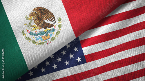 Mexico and United States two flags textile cloth, fabric texture photo