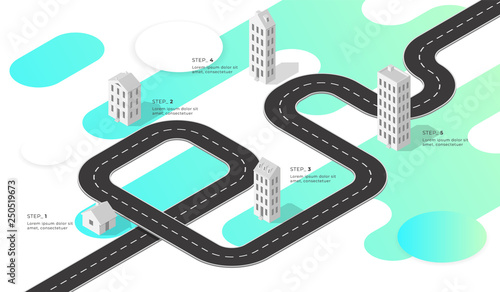 Isometric navigation map infographic. Winding road. Vector illustration.