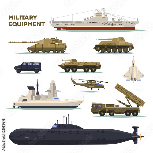 Set of isolated army or military vehicle,tank,ship