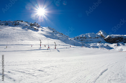 The winter view on ski resort Candanchu, Spain covered by snow in the Pyrenees montains.