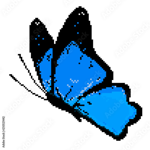Vector pixel art colorful butterfly. Isolated butterfly on white background.