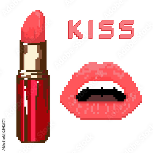 Realistic colorful lipstick golden and red sparkling tube, pomade applicator. Kiss and lips. Pixel art. 8 bit