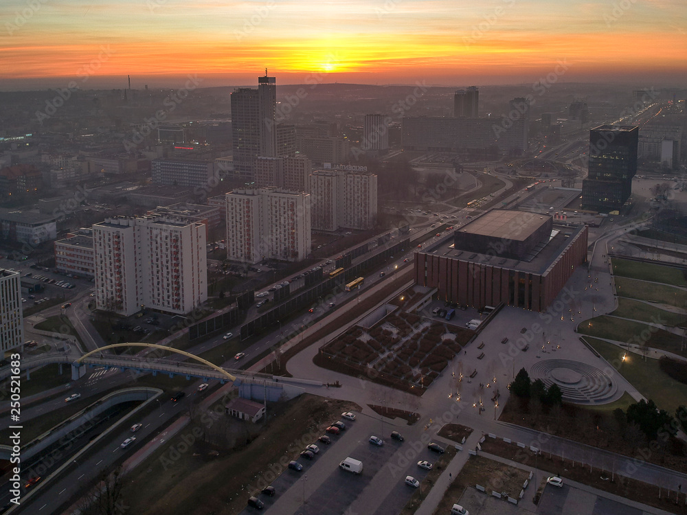 The modern city centre of Katowice at sunset