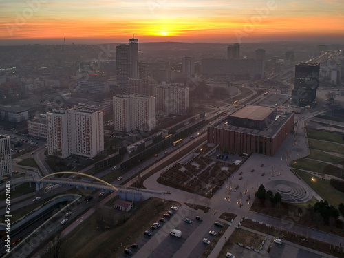 The modern city centre of Katowice at sunset