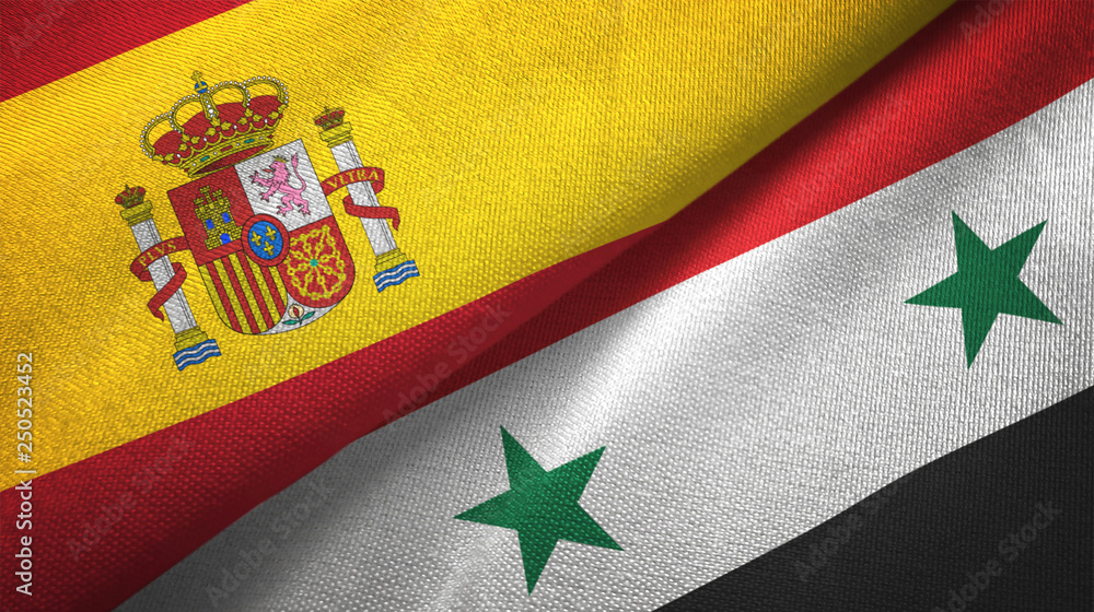 Spain and Syria two flags textile cloth, fabric texture Spain and Syria two flags textile cloth, fabric texture