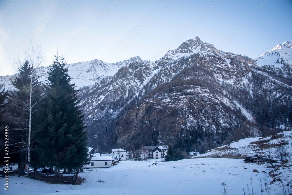 Winter evening in the Italian mountains.  Breuil-Cervinia.