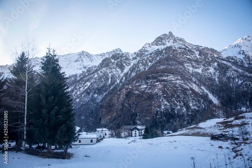 Winter evening in the Italian mountains. Breuil-Cervinia.