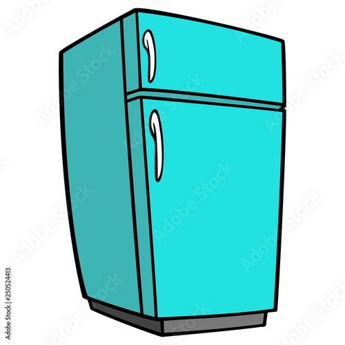 Teal Retro Refrigerator - A vector cartoon illustration of a home kitchen refrigerator.