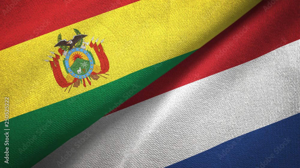 Fototapeta premium Bolivia and Netherlands two flags textile cloth, fabric texture