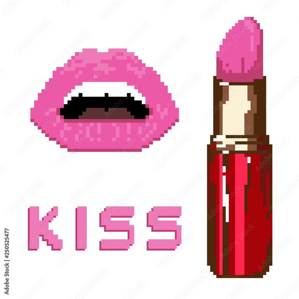 Realistic colorful lipstick golden and red sparkling tube, pomade  applicator. Kiss and lips. Pixel art. 8 bit Stock Vector | Adobe Stock