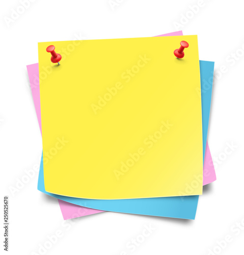 Pinned colorful stick notes isolated on white background. Vector illustration. Ready for your design. EPS10.