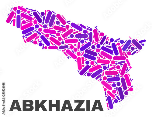 Mosaic Abkhazia map isolated on a white background. Vector geographic abstraction in pink and violet colors. Mosaic of Abkhazia map combined of scattered circle dots and lines.