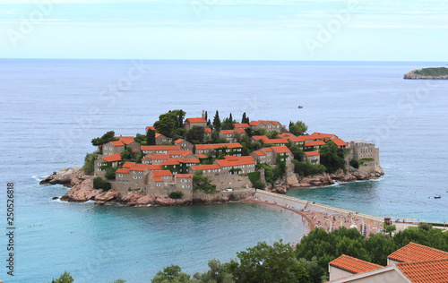 Sveti Stefan island, Montenegro. Sunny summer day, top view.