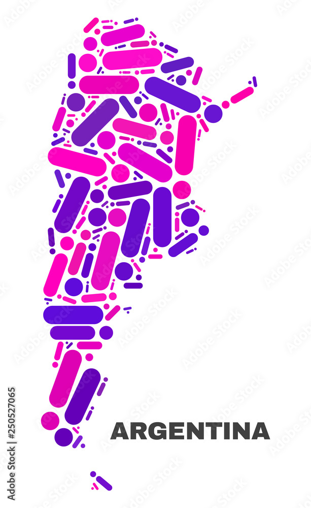 Mosaic Argentina map isolated on a white background. Vector geographic abstraction in pink and violet colors. Mosaic of Argentina map combined of scattered circle points and lines. Mosaic Argentina map isolated on a white background. Vector geographic abstraction in pink and violet colors. Mosaic of Argentina map combined of scattered circle points and lines.