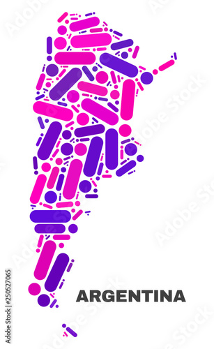 Mosaic Argentina map isolated on a white background. Vector geographic abstraction in pink and violet colors. Mosaic of Argentina map combined of scattered circle points and lines.