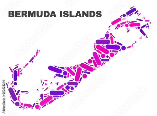 Mosaic Bermuda Islands map isolated on a white background. Vector geographic abstraction in pink and violet colors. Mosaic of Bermuda Islands map combined of random round dots and lines.