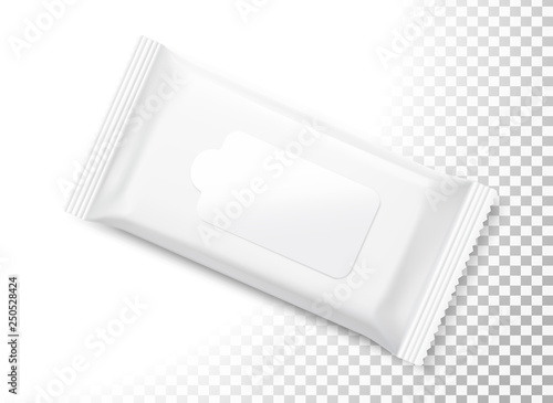 Wet wipes flow pack with realistic transparent shadows on white background. Taking your 2D designs into 3D. Can be use for medicine, food, cosmetic and other. EPS10. EPS10.