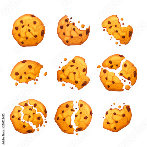 Vector oatmeal cookie with chocolate crumbs isolated on white background. Homemade choco chip cookies vector illustration. 