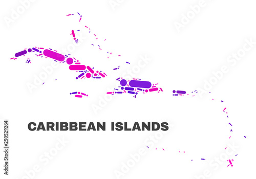 Mosaic Caribbean Islands map isolated on a white background. Vector geographic abstraction in pink and violet colors. Mosaic of Caribbean Islands map combined of random round dots and lines.