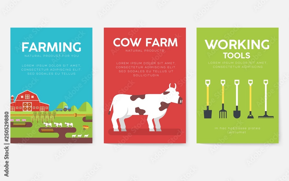 Farm information cards set. Nature template of flyear, magazines, posters, book cover, banners. Eco infographic concept  background. Layout illustrations modern pages with typography text