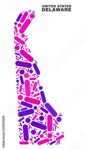 Mosaic Delaware State map isolated on a white background. Vector geographic abstraction in pink and violet colors. Mosaic of Delaware State map combined of scattered round dots and lines.