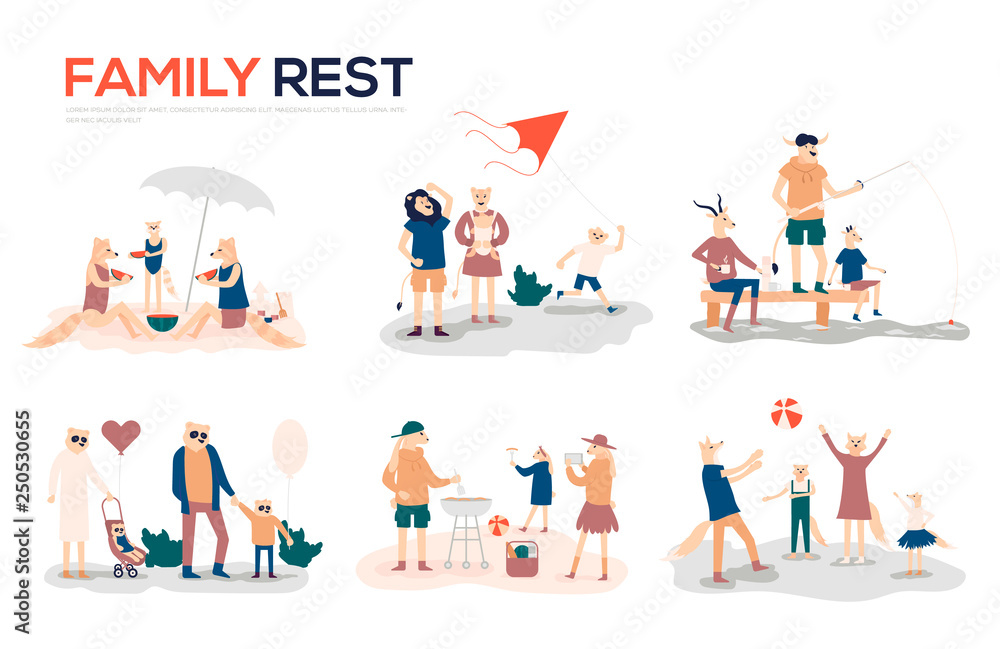Cartoon mother, father and children sunbathing, walking, swimming, fly a kite, fishing, preparing barbecue together. Collection of family outdoor recreational activities vector illustration