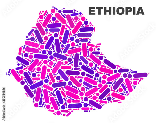 Mosaic Ethiopia map isolated on a white background. Vector geographic abstraction in pink and violet colors. Mosaic of Ethiopia map combined of scattered round points and lines.