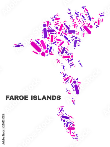 Mosaic Faroe Islands map isolated on a white background. Vector geographic abstraction in pink and violet colors. Mosaic of Faroe Islands map combined of scattered circle dots and lines.