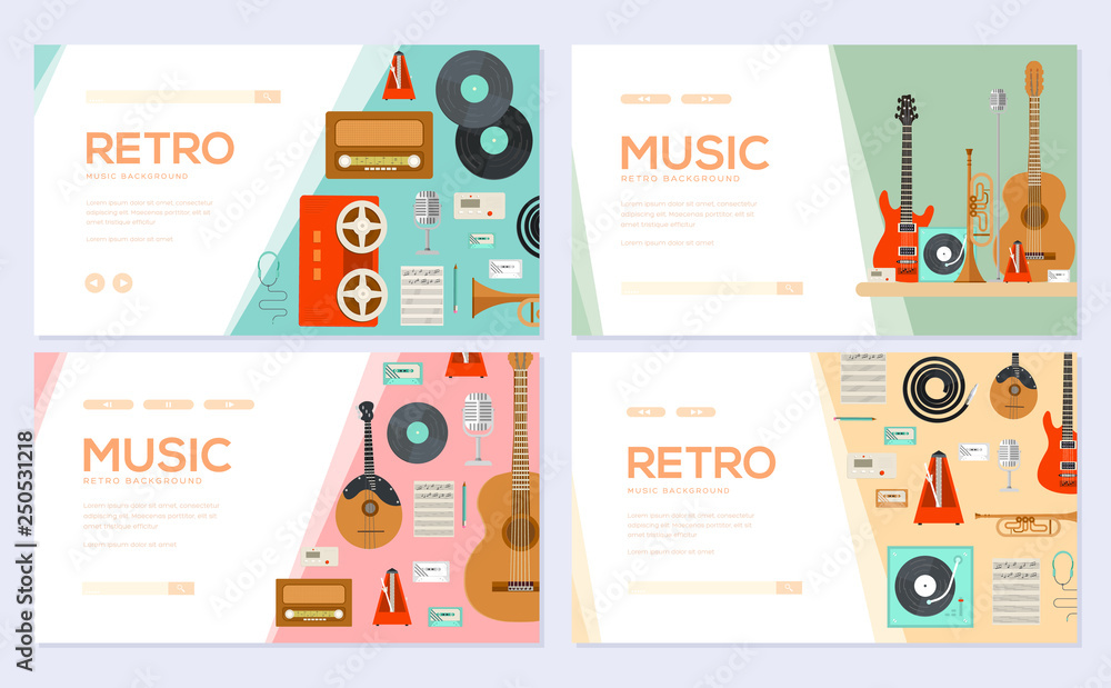 Naklejka premium Retro equipment music set. Traditional melody brochure card set. festival template of flyear, web banner, ui header, enter site. Layout invintation modern slider
