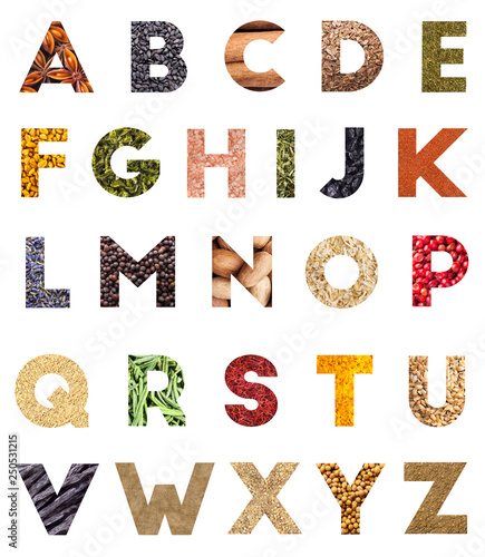 Food alphabet letter made of herbs and spices